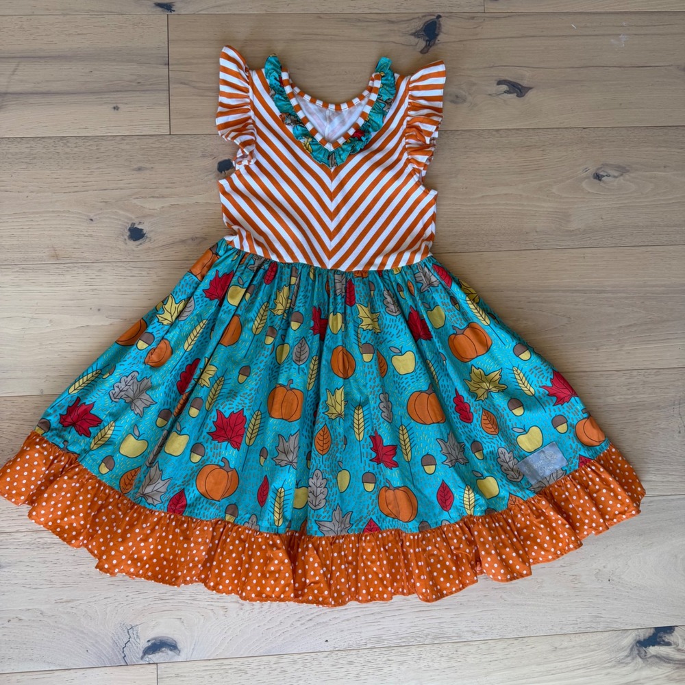 Eleanor Rose Girls Fall Pumpkin Chevron Ruffle Dress Teal Orange Size 6-7